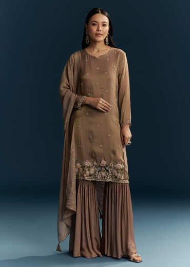 Brown Tissue Sharara Suit With Zardosi And Thread Work