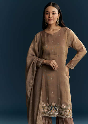 Brown Tissue Sharara Suit With Zardosi And Thread Work