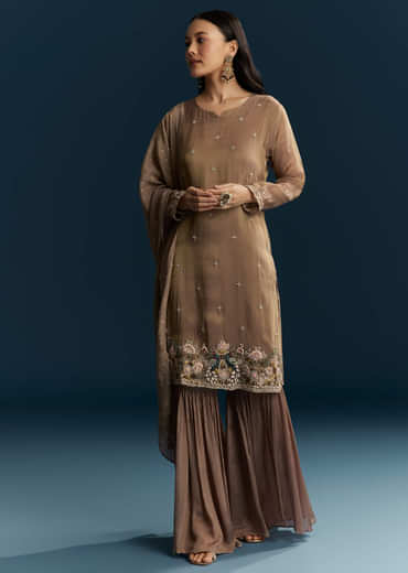 Brown Tissue Sharara Suit With Zardosi And Thread Work