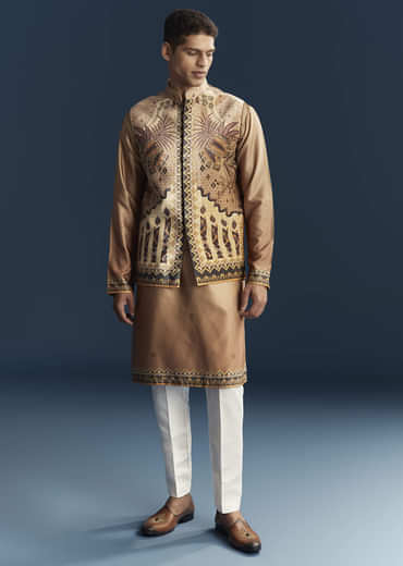 Brown Velvet Kurta Jacket Set For Men With Ornate Heritage Panels