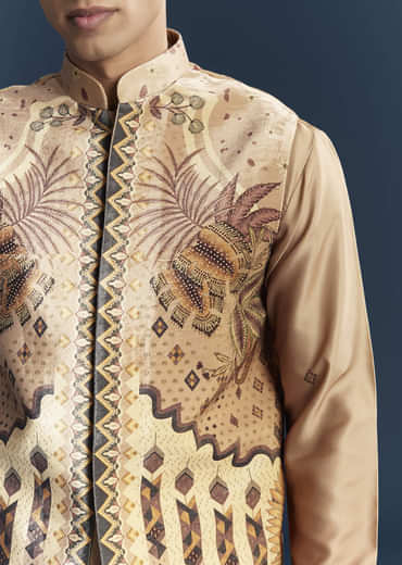 Brown Velvet Kurta Jacket Set For Men With Ornate Heritage Panels