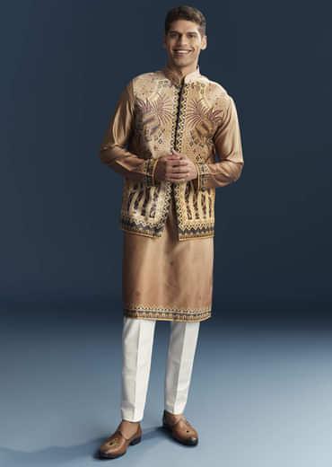 Brown Velvet Kurta Jacket Set For Men With Ornate Heritage Panels