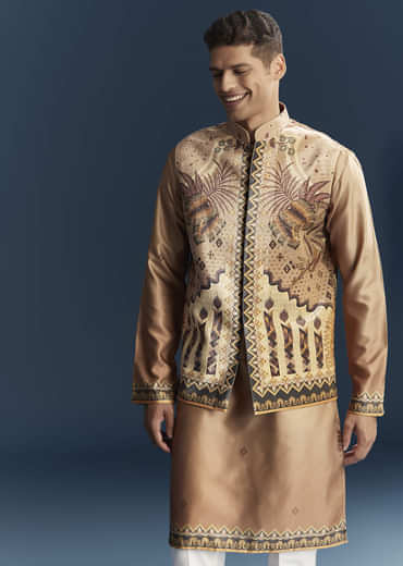 Brown Velvet Kurta Jacket Set For Men With Ornate Heritage Panels