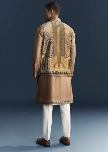 Brown Velvet Kurta Jacket Set For Men With Ornate Heritage Panels