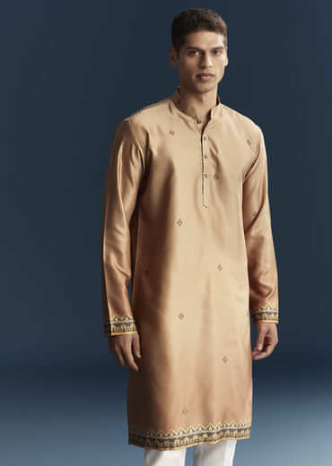 Brown Velvet Kurta Jacket Set For Men With Ornate Heritage Panels