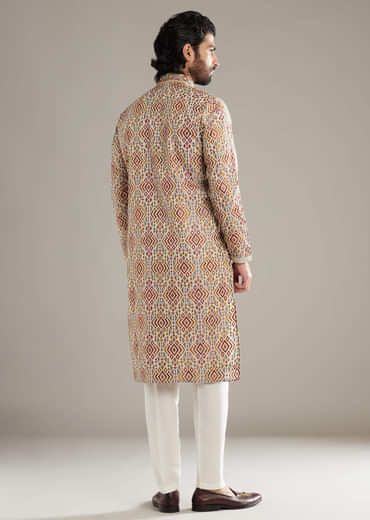 Brown Velvet Kurta Set For Men With Mirror And Cut Dana Work