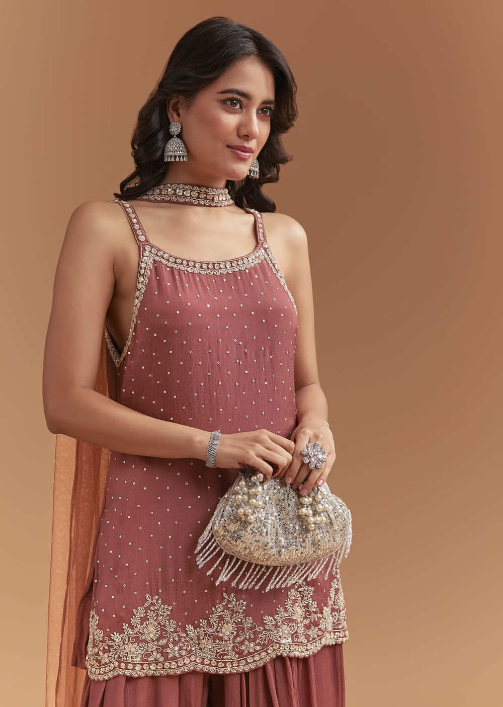 Brown Chinon Palazzo Suit With Sequins Hand Embroidery