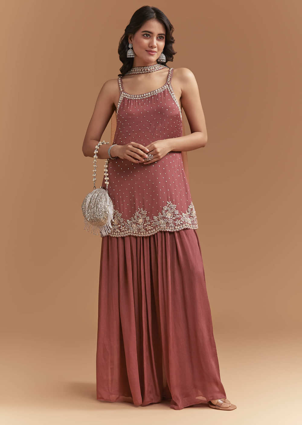 Brown Chinon Palazzo Suit With Sequins Hand Embroidery