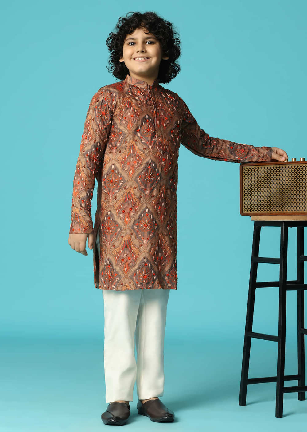 Brown Kurta Pant With Resham Work For Boys