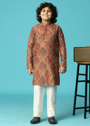Brown Kurta Pant With Resham Work For Boys