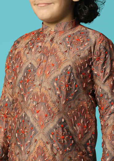 Brown Kurta Pant With Resham Work For Boys