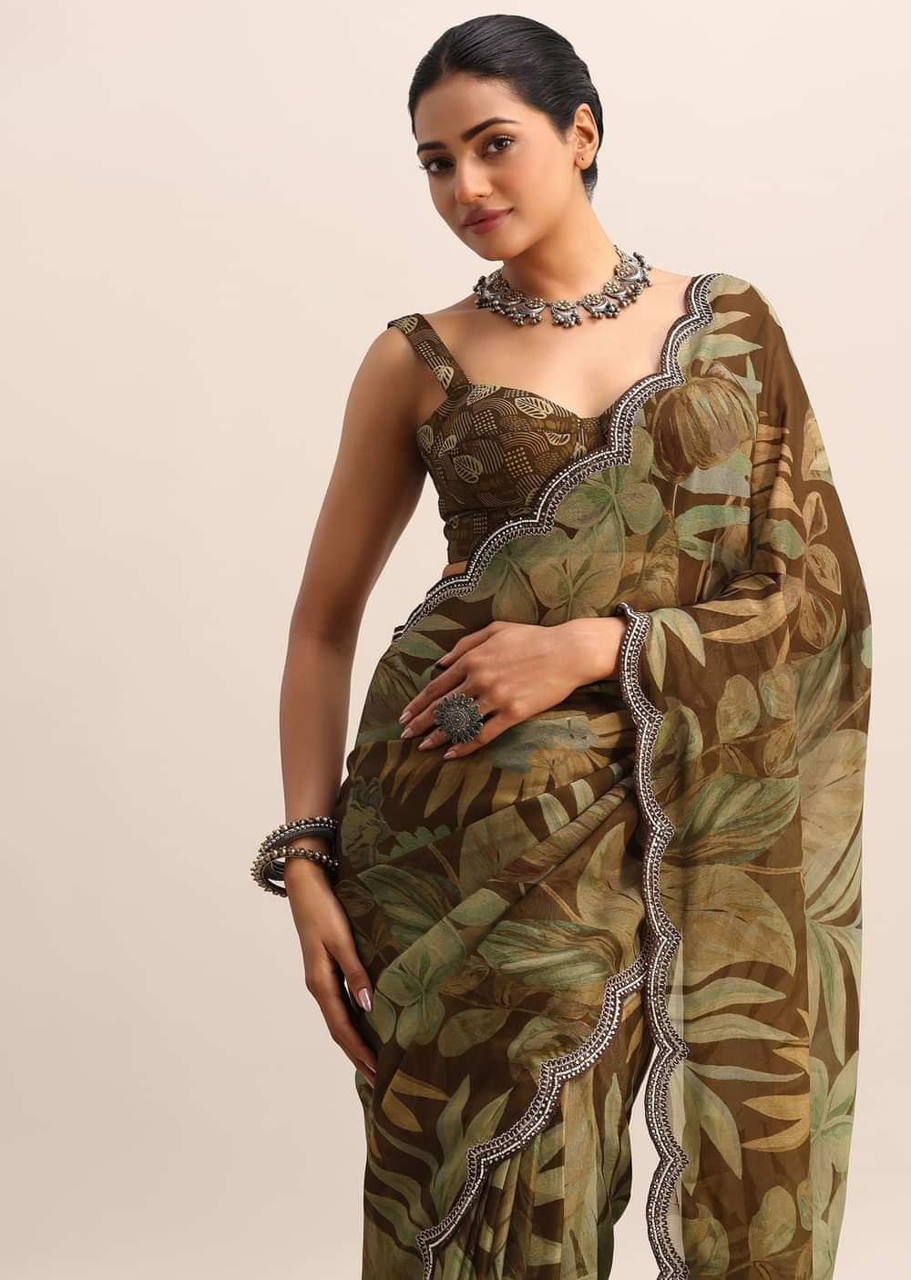 Brown Leaf Printed Soft Organza Saree With Embroidered Border