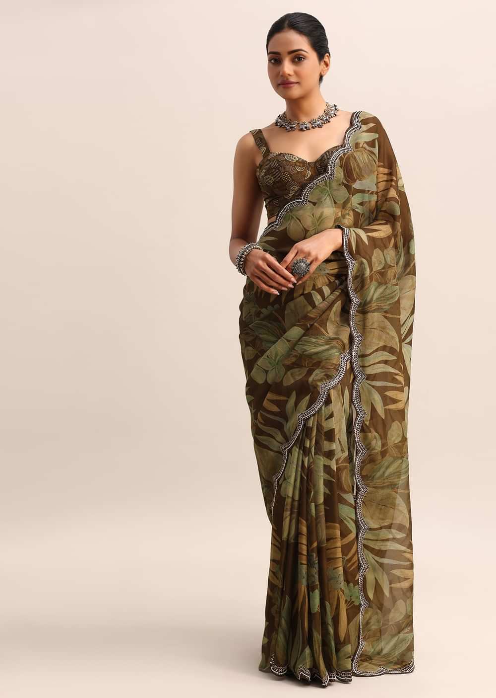 Brown Leaf Printed Soft Organza Saree With Embroidered Border