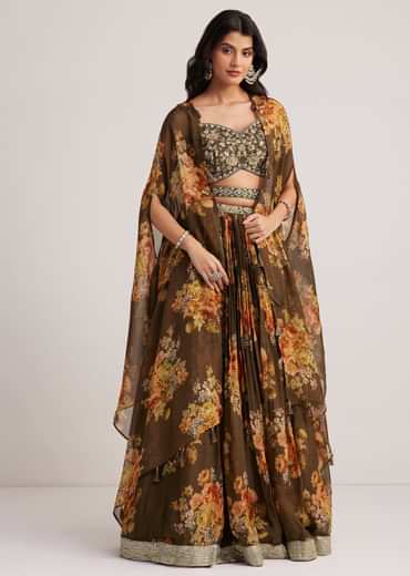 Brown Organza Floral Print Set With Zardosi And Sequins Work