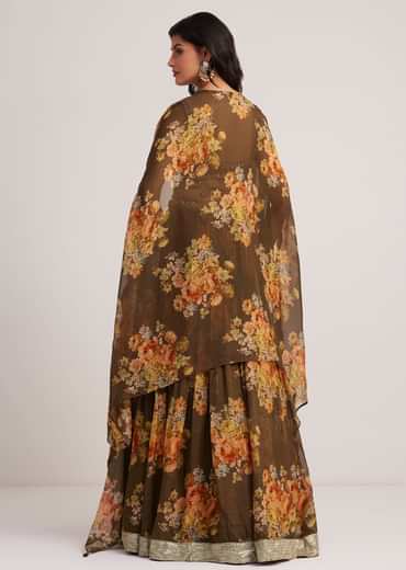 Brown Organza Floral Print Set With Zardosi And Sequins Work