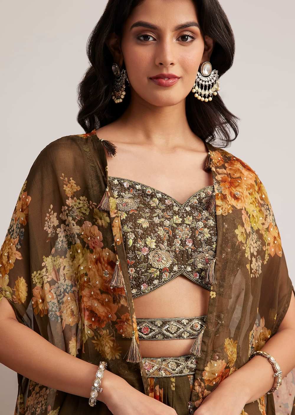 Brown Organza Floral Print Set With Zardosi And Sequins Work
