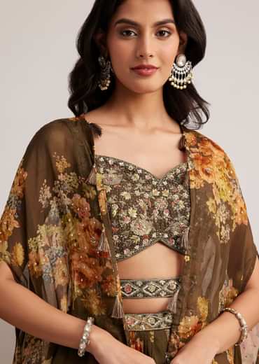 Brown Organza Floral Print Set With Zardosi And Sequins Work