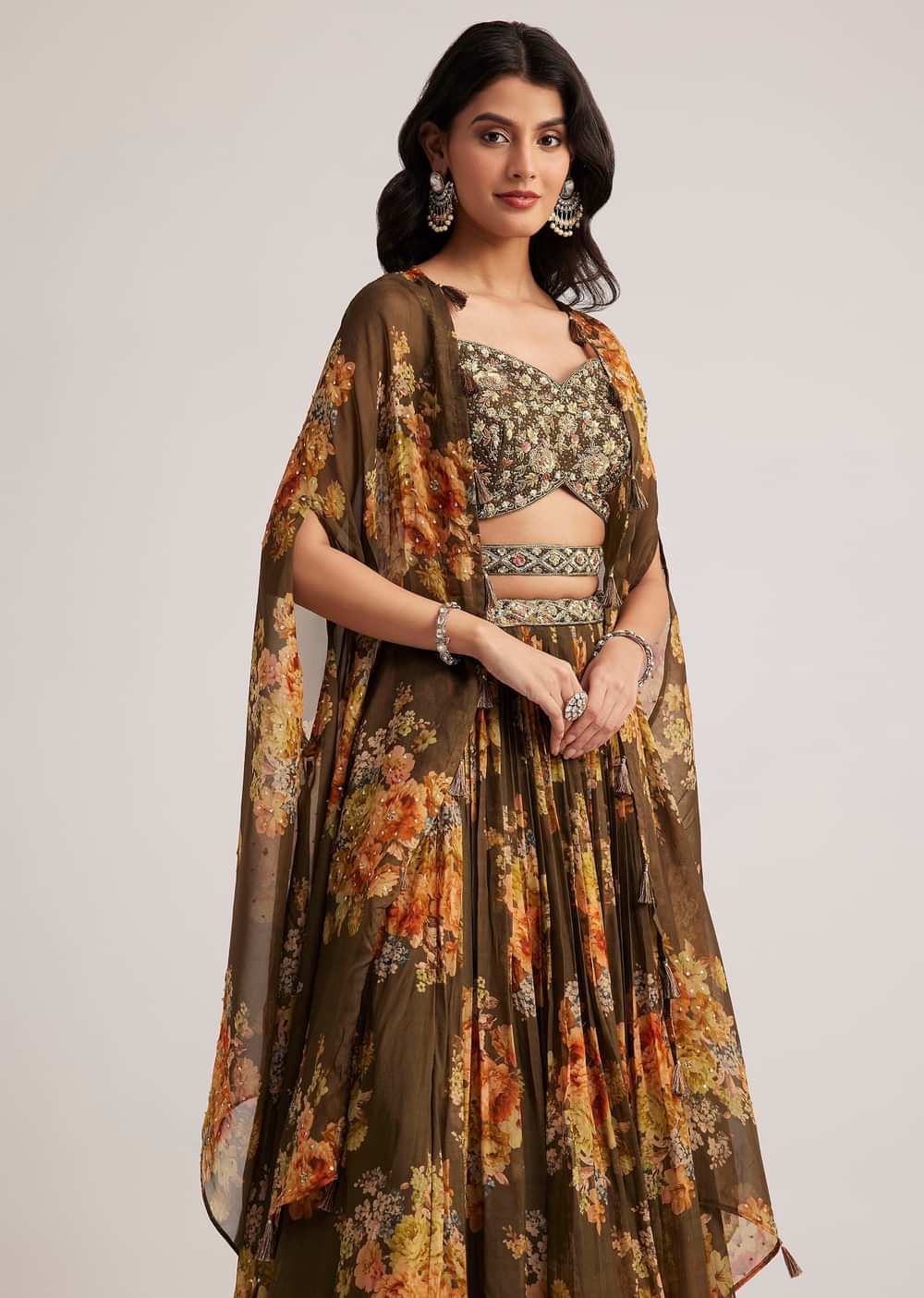 Brown Organza Floral Print Set With Zardosi And Sequins Work