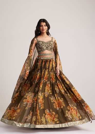 Brown Organza Floral Print Set With Zardosi And Sequins Work