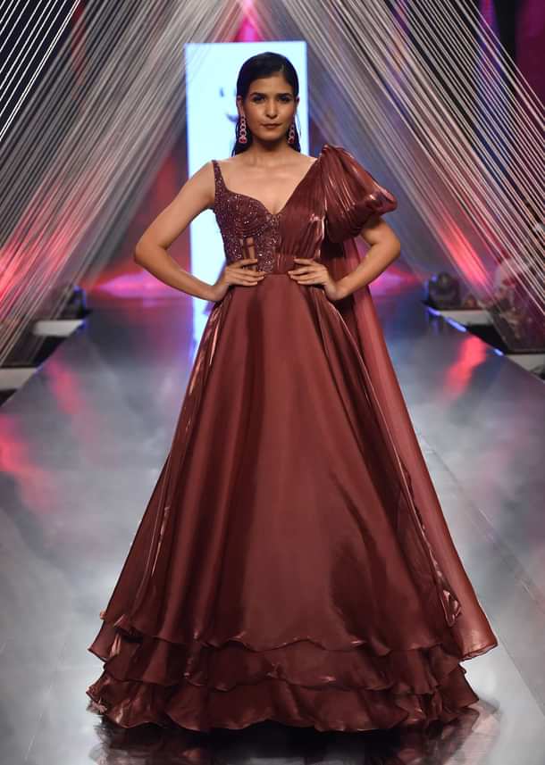 Brown Organza Gown In Sleeveless With Sequins Embroidery