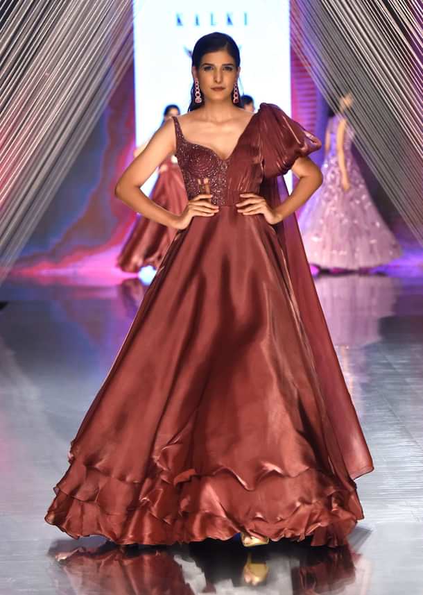 Brown Organza Gown In Sleeveless With Sequins Embroidery