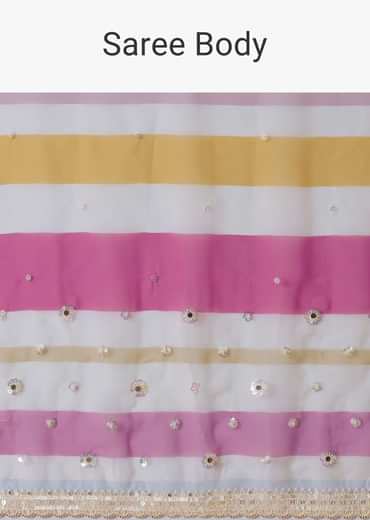 Pink Organza Striped Saree With Unstitched Blouse Piece