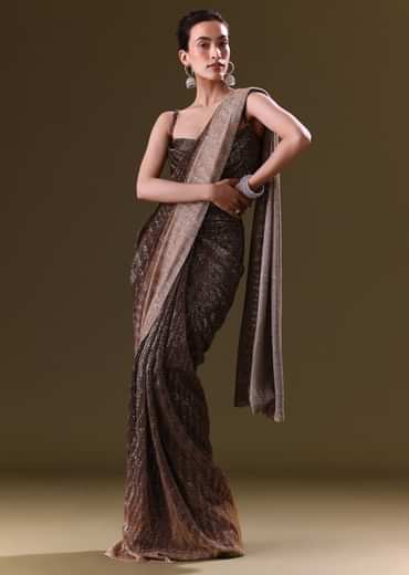 Brown Pre Stitched Saree With Cowl Blouse