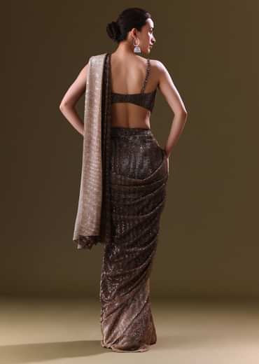 Brown Pre Stitched Saree With Cowl Blouse
