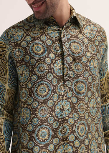 Brown Printed Kurta Patiala Set For Men