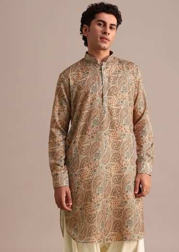 Brown Printed Mens Kurta Patiala Set