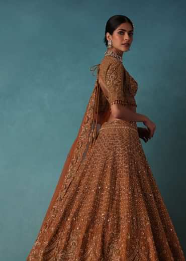 Brown Raw Silk Bridal Lehenga Set With Hand Embroidery