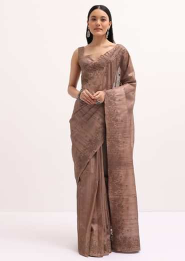Brown Resham Work Tussar Saree With Unstitched Blouse