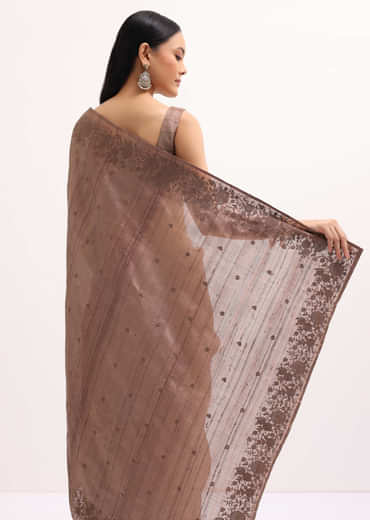 Brown Resham Work Tussar Saree With Unstitched Blouse