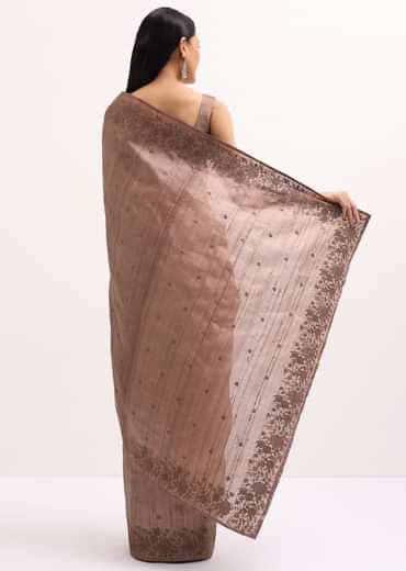 Brown Resham Work Tussar Saree With Unstitched Blouse