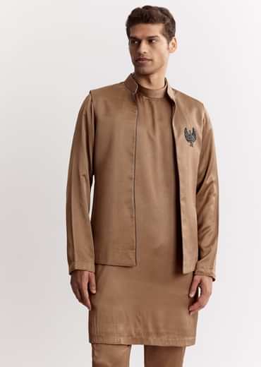 Brown Satin Jacket Kurta Set With Metal Accents