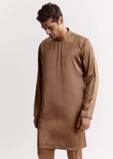Brown Satin Jacket Kurta Set With Metal Accents