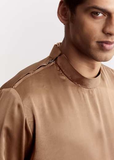 Brown Satin Jacket Kurta Set With Metal Accents