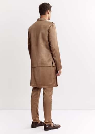 Brown Satin Jacket Kurta Set With Metal Accents