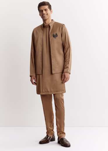 Brown Satin Jacket Kurta Set With Metal Accents