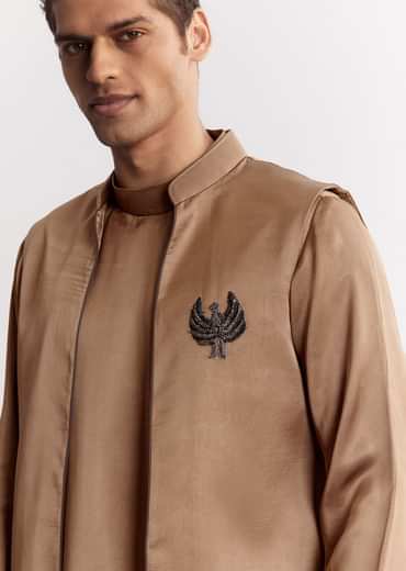 Brown Satin Jacket Kurta Set With Metal Accents