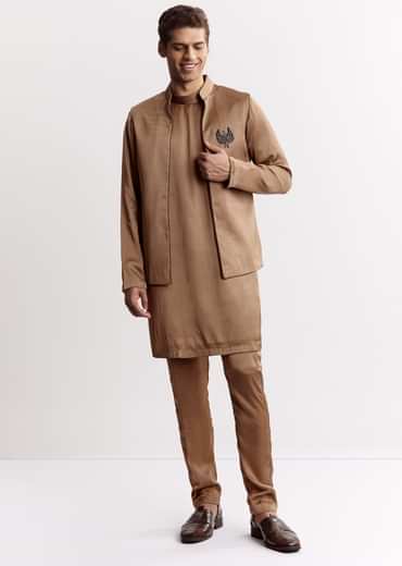 Brown Satin Jacket Kurta Set With Metal Accents