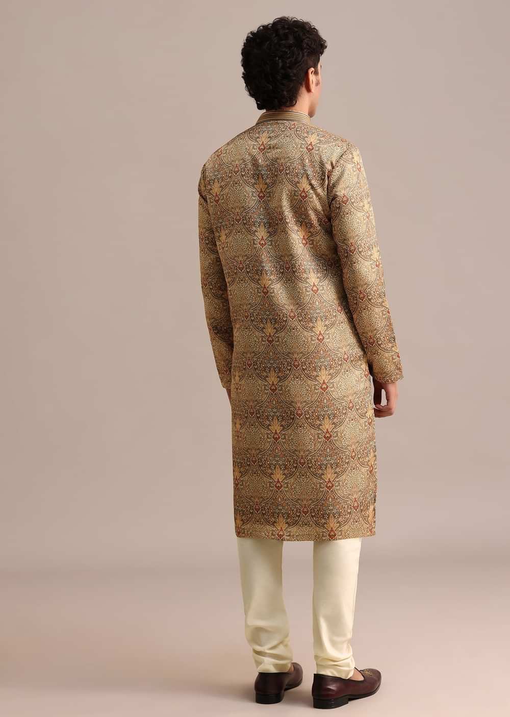 Brown Satin Printed Kurta Set For Men