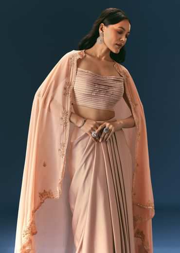 Brown Scallop Embroidered Cape With Bustier And Draped Skirt