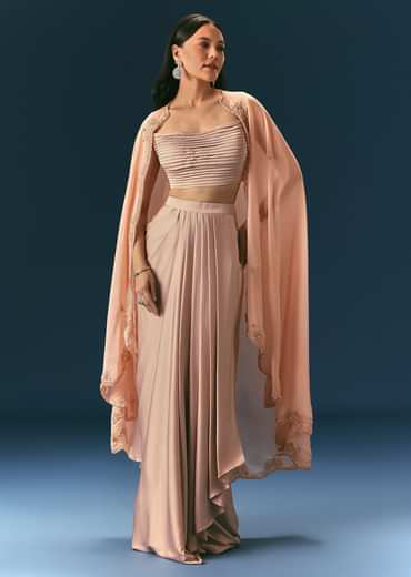 Brown Scallop Embroidered Cape With Bustier And Draped Skirt