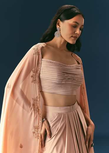 Brown Scallop Embroidered Cape With Bustier And Draped Skirt
