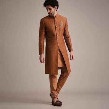 Brown Zari Embroidered Sherwani Suit With Mandarin Collar