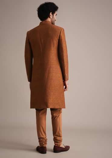 Brown Zari Embroidered Sherwani Suit With Mandarin Collar