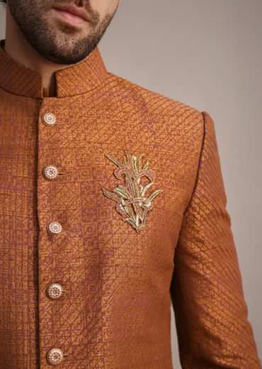 Brown Zari Embroidered Sherwani Suit With Mandarin Collar