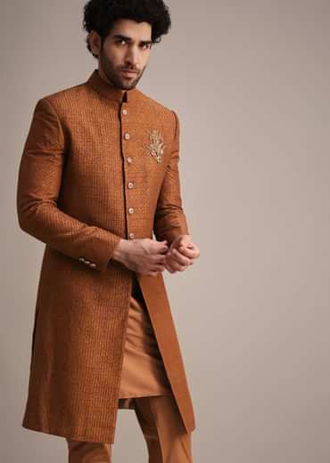 Brown Zari Embroidered Sherwani Suit With Mandarin Collar