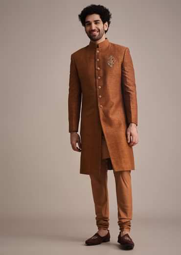 Brown Zari Embroidered Sherwani Suit With Mandarin Collar